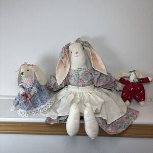 Vintage Bunny Rabbit Dolls Handmade Dress Pinafore Floppy Ears Floral Set Of 3